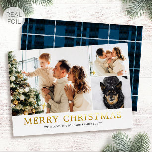 Carte De Vœux En Aluminium Photo de famille de Noël Traditionnel carreau bleu