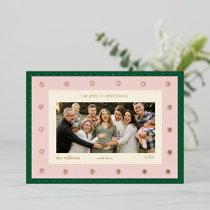 Carte De Vœux En Aluminium Photo de famille élégant rose vert étoilé de Noël