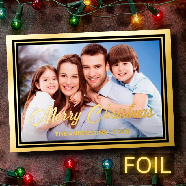 Carte De Vœux En Aluminium Photo de famille et nom élégant script Joyeux Noël (Créateur téléchargé)
