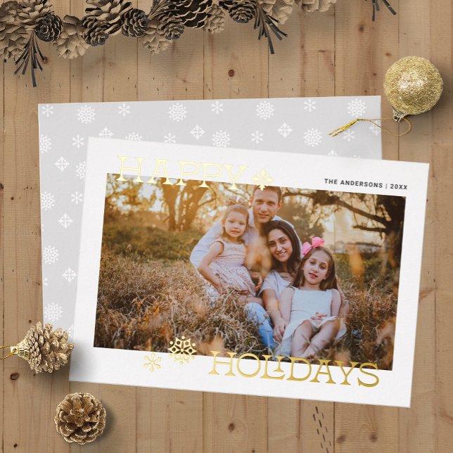 Carte De Vœux En Aluminium Photo de flocon de neige moderne de joyeuses fêtes (Happy Holidays Modern Snowflake Photo Foil Holiday Card)