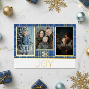 Carte De Vœux En Aluminium Photo de Joie de Noël à carreaux tartan bleu et or