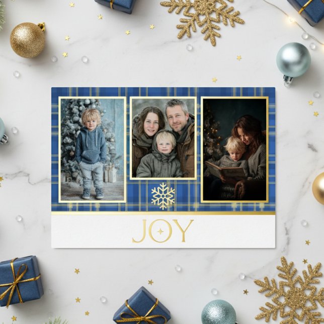 Carte De Vœux En Aluminium Photo de Joie de Noël à carreaux tartan bleu et or (Créateur téléchargé)