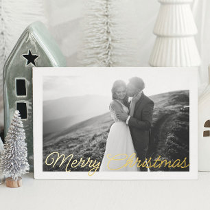 Carte De Vœux En Aluminium Photo de mariage de Noël avec écriture dorée moder
