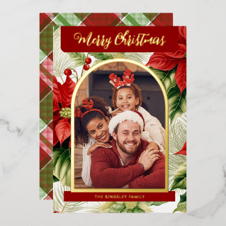 Carte De Vœux En Aluminium Photo de Noël à carreaux aux poinsettias rouges