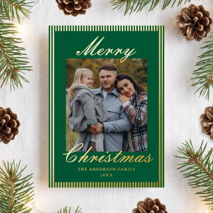 Carte De Vœux En Aluminium Photo de Noël aux Rayures Vertes Classiques Argent