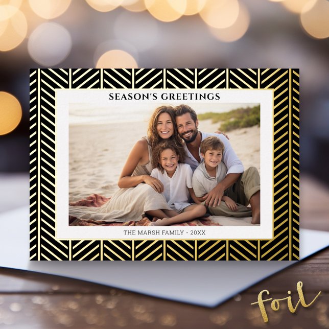 Carte De Vœux En Aluminium Photo de Noël avec Herringbone Gold Border dans (Gold Foil Christmas Photo Card - Modern Holiday Greeting)