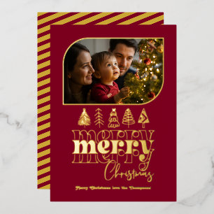 Carte De Vœux En Aluminium Photo de Noël Burgundy & Gold Retro Doodle