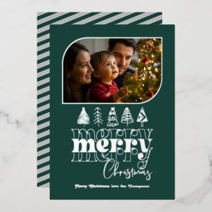 Carte De Vœux En Aluminium Photo de Noël Deep Teal & Silver Retro Doodle