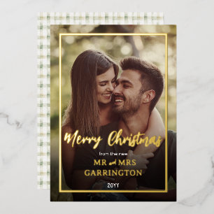 Carte De Vœux En Aluminium Photo de Noël du premier mariage Bohème à carreaux