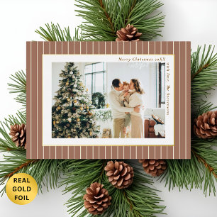 Carte De Vœux En Aluminium Photo de Noël élégant à rayures fines marron argen