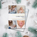Carte De Vœux En Aluminium Photo de Noël Faire-part de naissance Gold Foil<br><div class="desc">Diffusez la joie d'une naissance spéciale de Noël avec cette élégante carte de faire-part de naissance de vacances en feuille d'or moderne. Personnalisez le front avec vos 4 photos spéciales, le nom du bébé et les statistiques de naissance, et le message de vacances. L'envers est muni d'un joli arrière -...</div>
