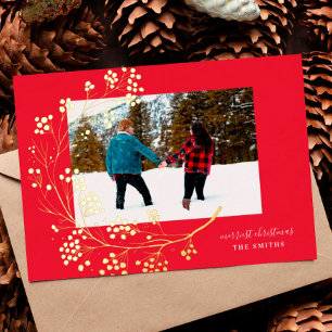 Carte De Vœux En Aluminium Photo de Noël joyeux Rouge Naturel Hiver Or