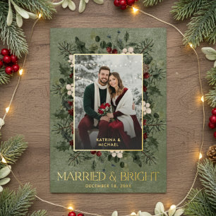 Carte De Vœux En Aluminium Photo de Noël Mariage Vin Baies de Houx Brillantes
