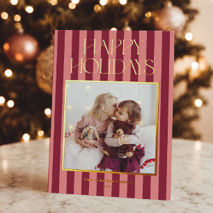 Carte De Vœux En Aluminium Photo de Noël moderne avec rayures roses et bordea