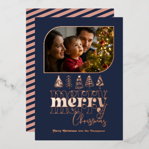 Carte De Vœux En Aluminium Photo de Noël Navy & Or Rose Rétro Doodle