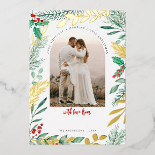 Carte De Vœux En Aluminium Photo de Noël pour jeunes mariés avec feuillage à