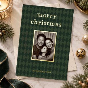 Carte De Vœux En Aluminium Photo de Noël préppy vert foncé à carreaux avec fe