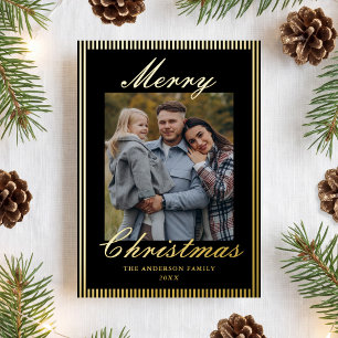 Carte De Vœux En Aluminium Photo de Noël Rayures Noires Classiques Argent de