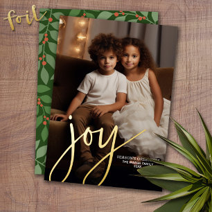Carte De Vœux En Aluminium Photo de Noël vertical - Script Gold JOIE en feuil