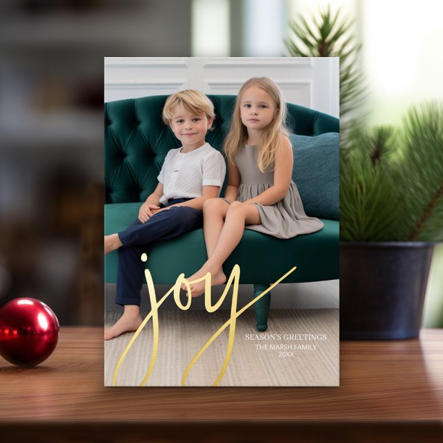 Carte De Vœux En Aluminium Photo de Noël Vertical - Script Gold JOY - (Holiday Christmas Photo Cards)