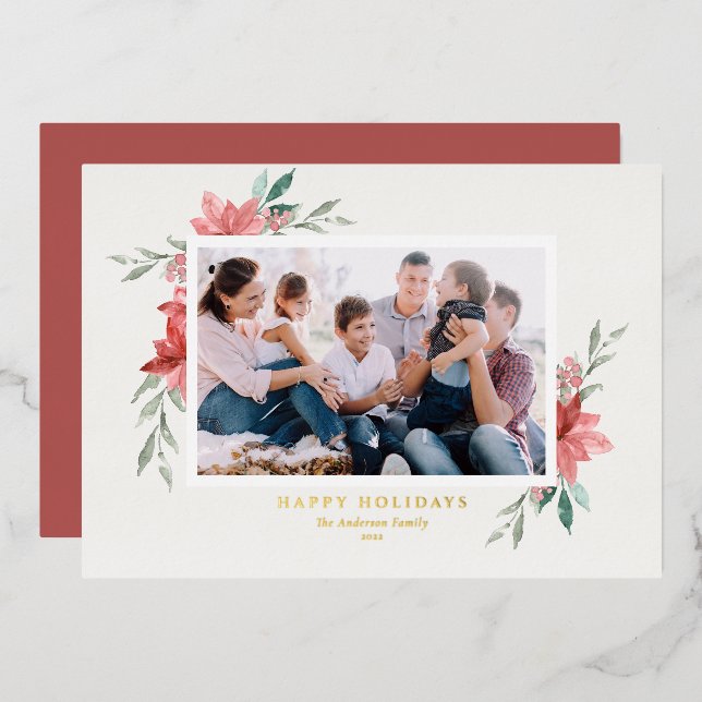 Carte De Vœux En Aluminium Photo d'élégantes poinsettias rouges à l'aquarelle (Recto/Verso)