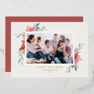 Carte De Vœux En Aluminium Photo élégant à l'aquarelle de poinsettias rouges