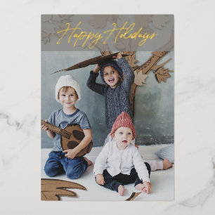 Carte De Vœux En Aluminium Photo Élégant Joyeuses Fêtes en écriture à feuille