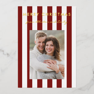 Carte De Vœux En Aluminium Photo élégant minimaliste rayé rouge et blanc 