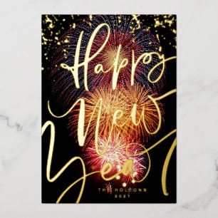 CARTE DE VŒUX EN ALUMINIUM PHOTO FIREWORKS OR HAPPY NEW YEAR 2024