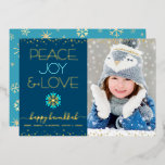 Carte De Vœux En Aluminium Photo Hanoukka Peace Joy Love Snowflake Real Gold<br><div class="desc">"Paix, joie et amour." Une illustration amusante, ludique, vraie feuille d'or et flake bleu turquoise, de véritables points de confetti en feuille d'or, et de la véritable feuille d'or et de la typographie moderne turquoise sur un arrière - plan bleu marine, avec la photo personnalisée de votre choix, vous aider...</div>