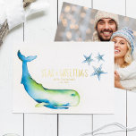 Carte De Vœux En Aluminium Photo Holiday Card Watercolor Whale<br><div class="desc">Do Tell A Belle's beach photo Christmas card is perfect to send to friends and family this season. It features a boarder of my original watercolor whale and starfish in shades of blues. The word's "Seas and Greetings" and your personalization is set in letter pressed gold foil. Personalize side 2...</div>