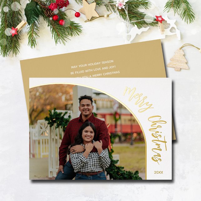 Carte De Vœux En Aluminium Photo Joyeux Noël Écriture Dorée (Merry Christmas REAL gold foil holiday photo cards)