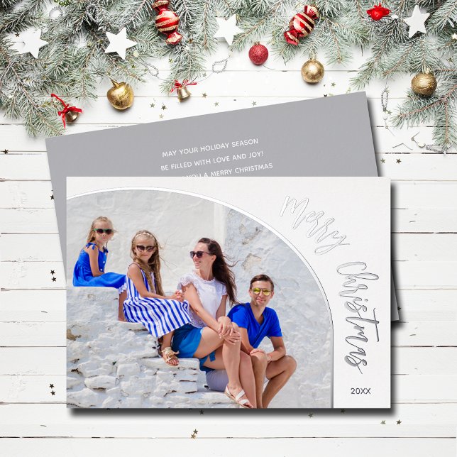 Carte De Vœux En Aluminium Photo Joyeux script de Noël (Merry Christmas REAL silver foil holiday photo cards)