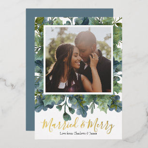 Carte De Vœux En Aluminium Photo Marié et joyeux feuillage de Noël