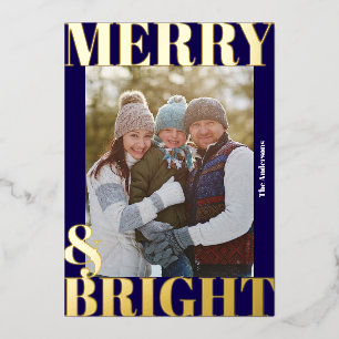 Carte De Vœux En Aluminium Photo Merry & Bright Bleu Marine Moderne Gras