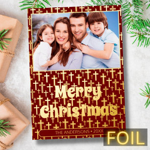 Carte De Vœux En Aluminium Photo moderne croix de Noël élégant rouge bordeaux