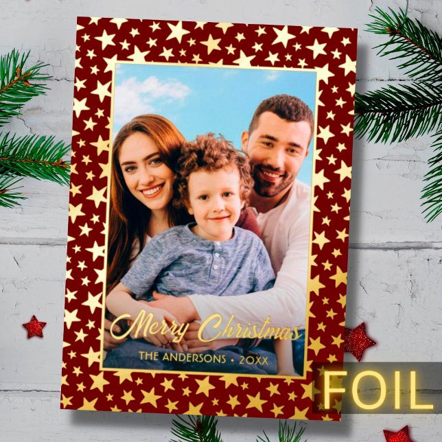 Carte De Vœux En Aluminium Photo moderne Noël élégantes étoiles bordeaux roug (Créateur téléchargé)