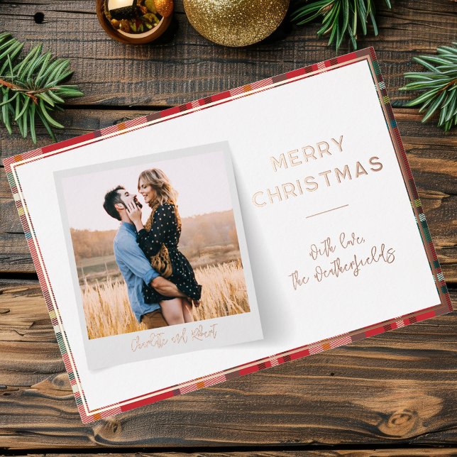 Carte De Vœux En Aluminium Photo Noël Script Jours de Noël Botanique Argent (Christmas Photo Family Red Plaid Rose Gold Foil Greetings)