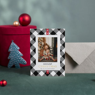Carte De Vœux En Aluminium Photo personnalisée Noir Blanc Tartan Plaid Xmas
