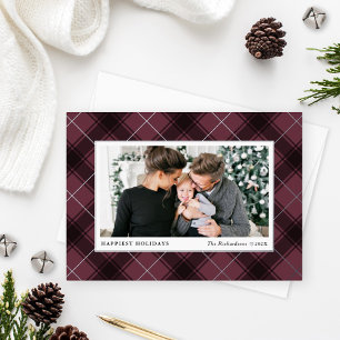 Carte De Vœux En Aluminium Photo Plaid Festive Bourgogne et Tartan Argent