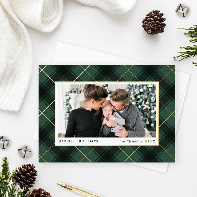 Carte De Vœux En Aluminium Photo Plaid Festive Green et Gold Tartan (Créateur téléchargé)