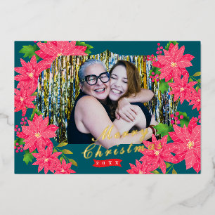 Carte De Vœux En Aluminium Photo Poinsettia de Noël vert cyan