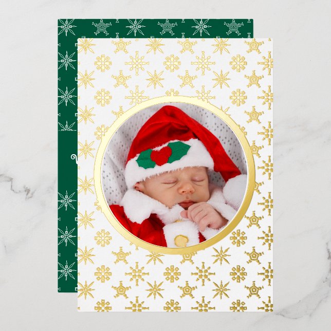 Carte De Vœux En Aluminium Photo Santa Baby Snowflakes White Gold Green BKGRD (Recto/Verso)