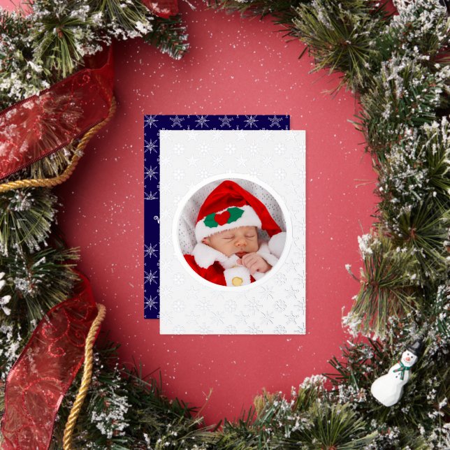 Carte De Vœux En Aluminium Photo Santa Baby Snowflakes White Silver Blue BKGD (Insitu)