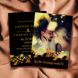 Carte De Vœux En Aluminium Photo sophistiquée noir or fleurit monogramme