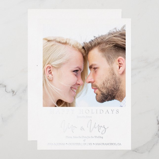 Carte De Vœux En Aluminium Photo Whimsical MR & MRS Christmas Wedding (Recto/Verso)