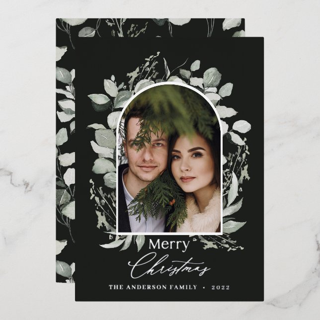 Carte De Vœux En Aluminium Photographie d'arc vert d'eucalyptus moderne noir (Recto/Verso)