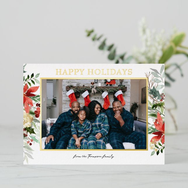 Carte De Vœux En Aluminium Photographie florale botanique de poinsettia rouge (Debout devant)