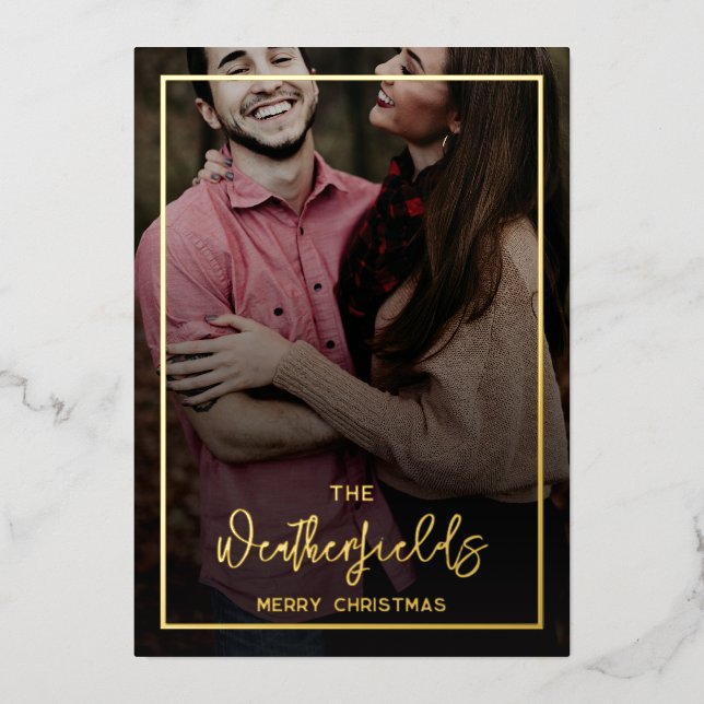 Carte De Vœux En Aluminium Photos de Noël de famille Script Gold (Recto)