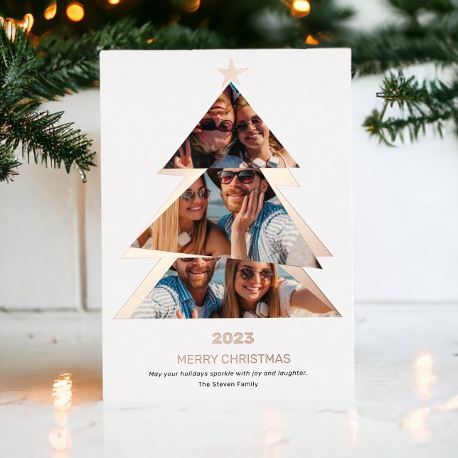 Carte De Vœux En Aluminium Photos Triangles abstraites modernes arbre de Noël (Modern abstract Triangles photos christmas tree Foil Holiday Card)